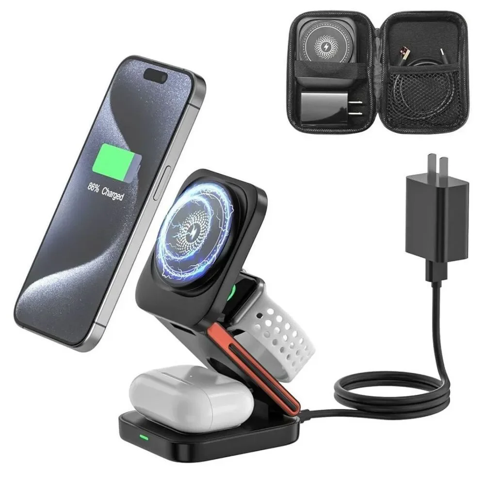 Foldable 3-in-1 Magnetic Wireless Charging Station‎ Black With Carrying Case
